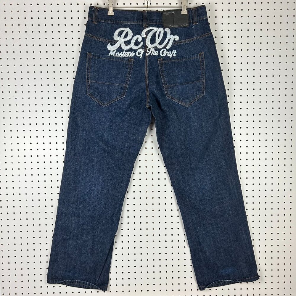 Rocawear Stitched Logo Y2K Baggy Jeans 34x32 Streetwear Skate Wide Embroidered